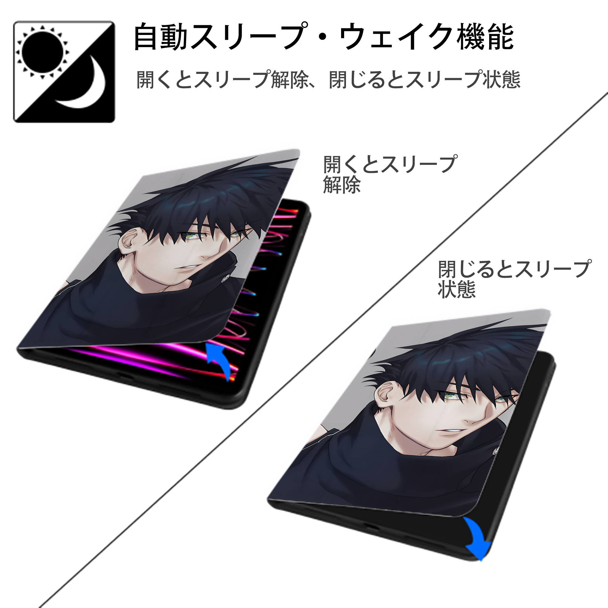 呪術廻戦 Jujutsu Kaisen IPad ケース ブック型 PUレザー TPU 耐衝撃 軽量 薄型 ペン収納なし 全面保護 IPad 各モデル対応