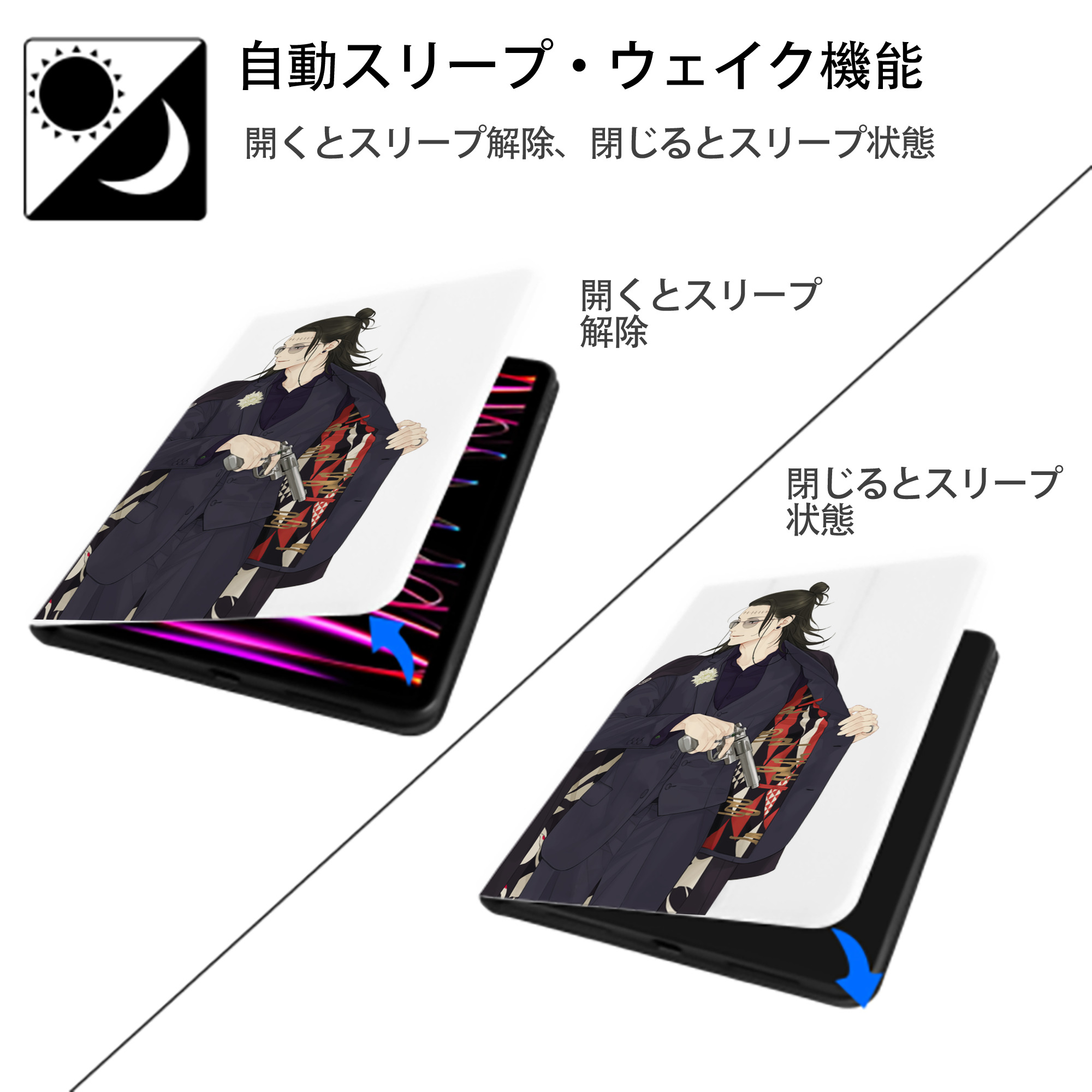 呪術廻戦 Jujutsu Kaisen IPad ケース ペン収納付き 三つ折りスタンド PUレザー×シリコン 対応機種9.5/10.5/10.9インチ