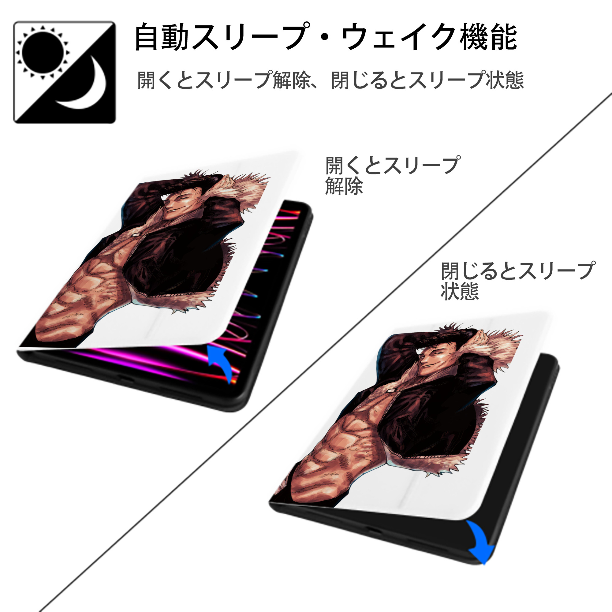 呪術廻戦 Jujutsu Kaisen IPad ケース ペン収納付き 三つ折りスタンド PUレザー×シリコン 対応機種9.5/10.5/10.9インチ
