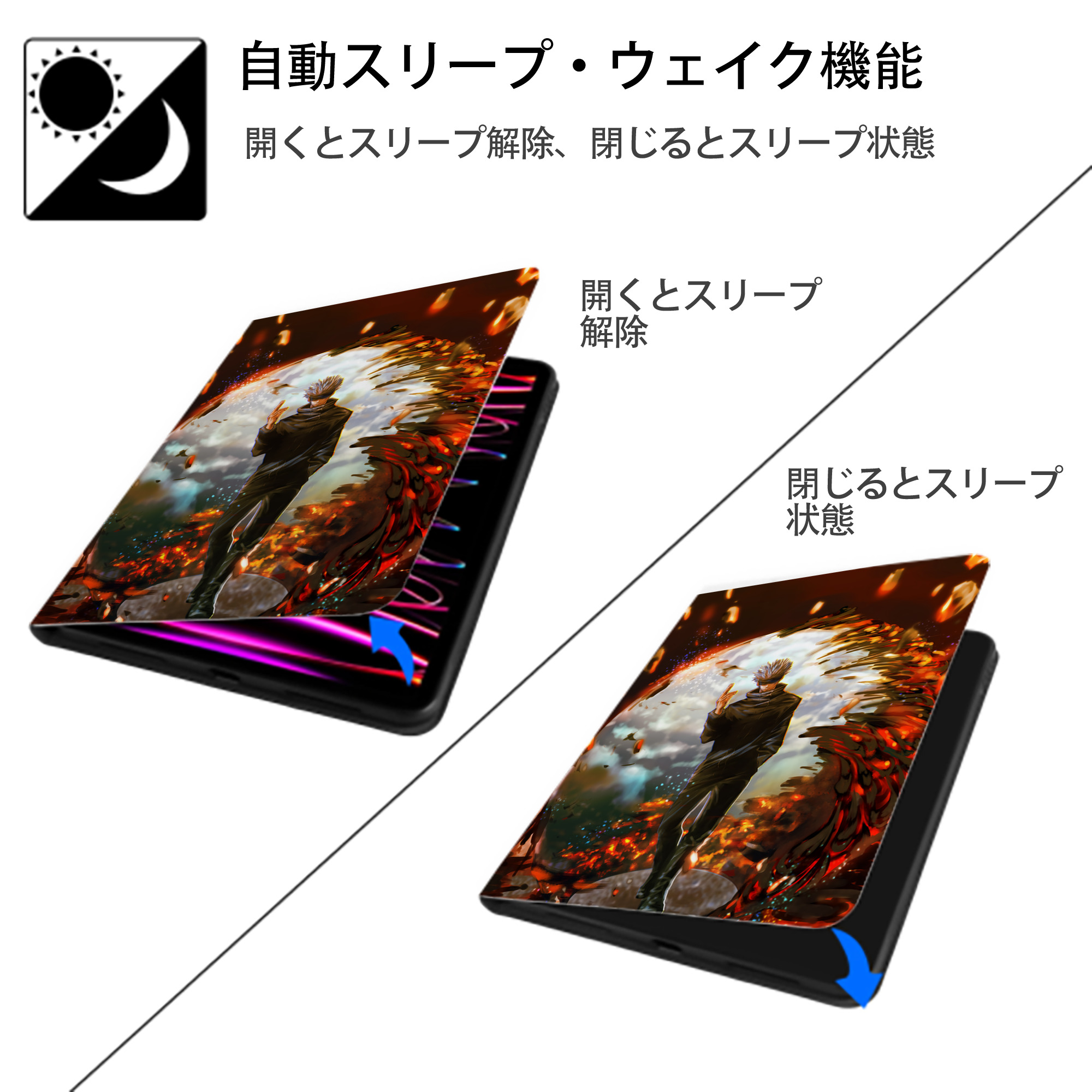 呪術廻戦 Jujutsu Kaisen IPad ケース ペン収納付き 三つ折りスタンド PUレザー×シリコン 対応機種9.5/10.5/10.9インチ
