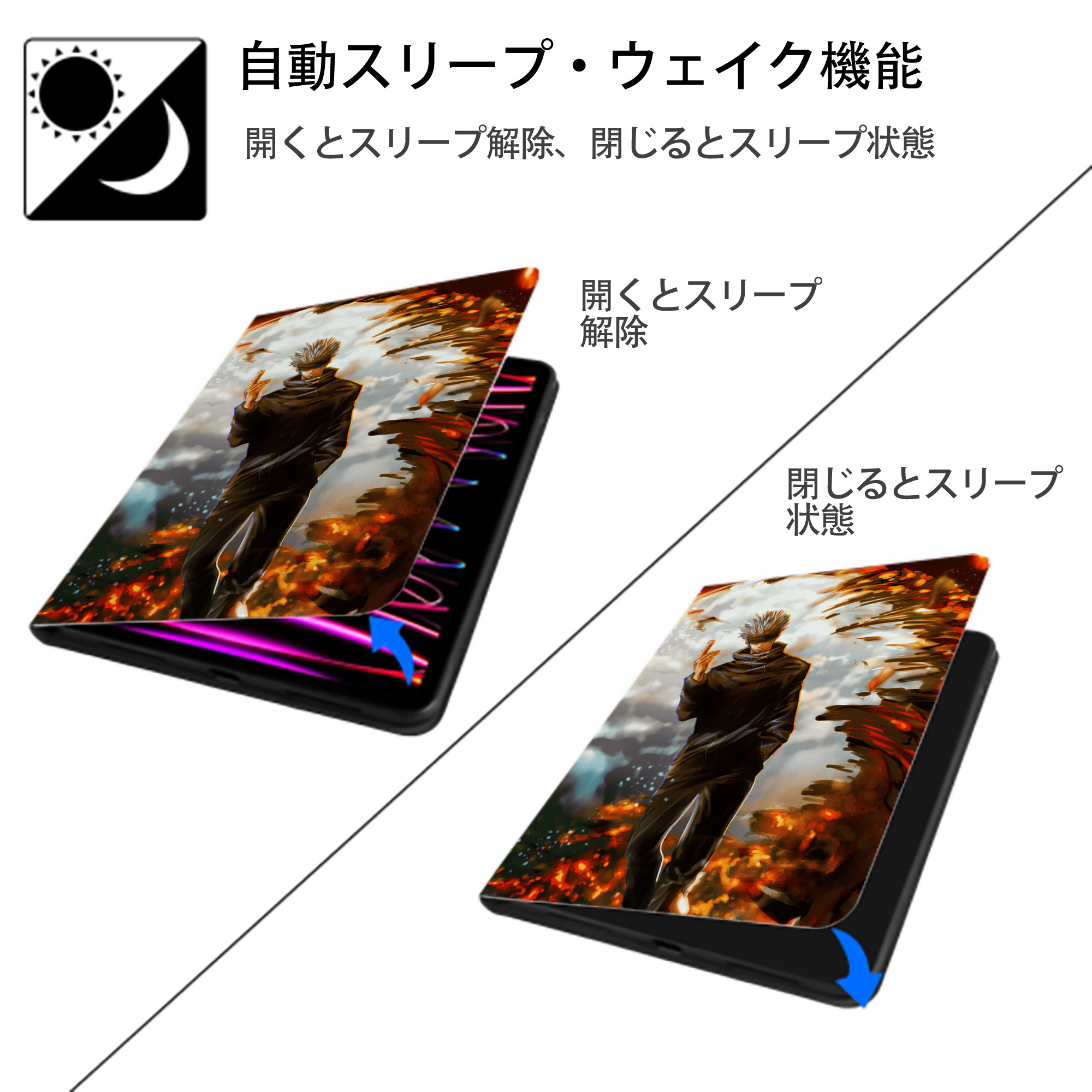 呪術廻戦 Jujutsu Kaisen IPad ケース ペン収納付き 三つ折りスタンド PUレザー×シリコン 対応機種9.5/10.5/10.9インチ