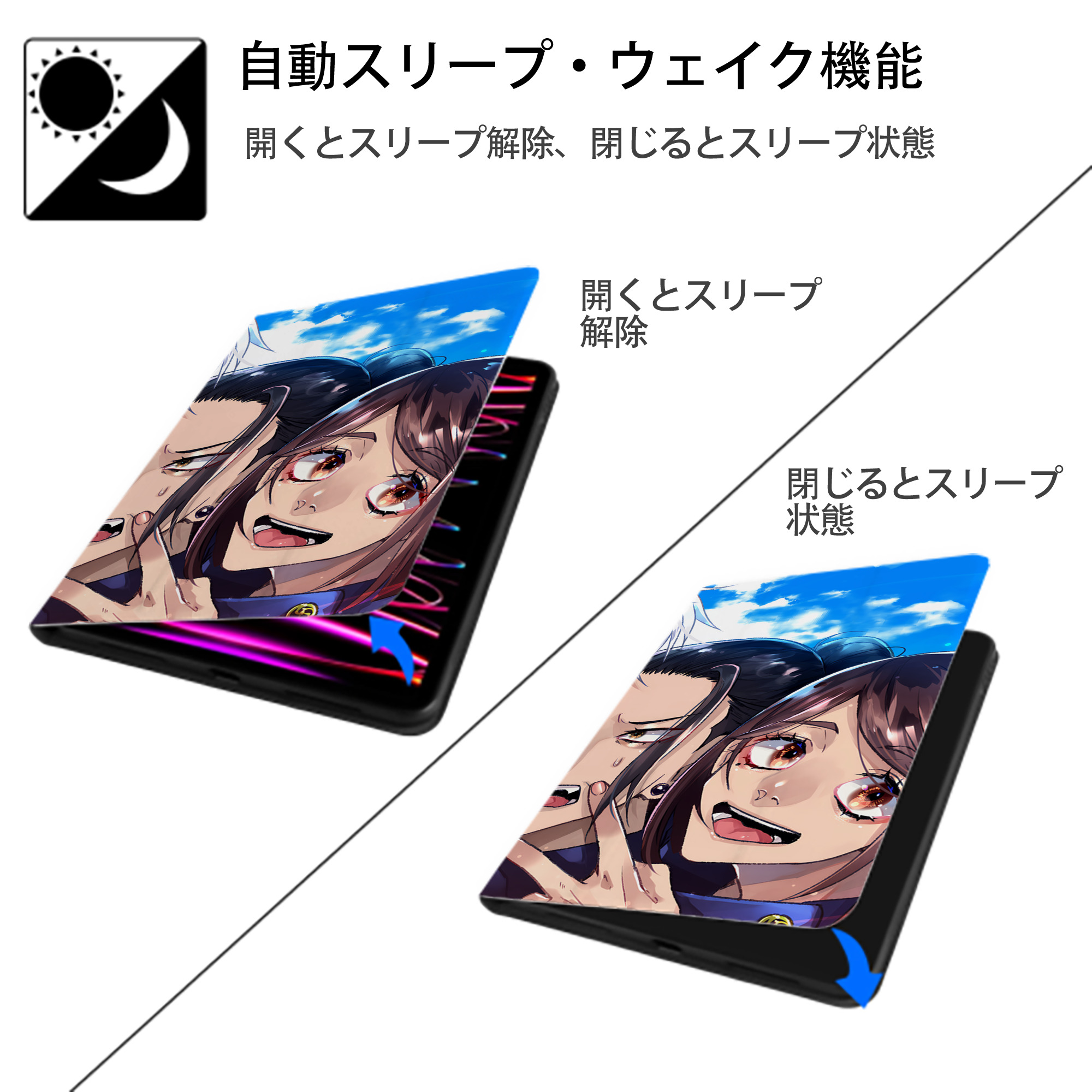 呪術廻戦 Jujutsu Kaisen IPad ケース ブック型 PUレザー TPU 耐衝撃 軽量 薄型 ペン収納なし 全面保護 IPad 各モデル対応